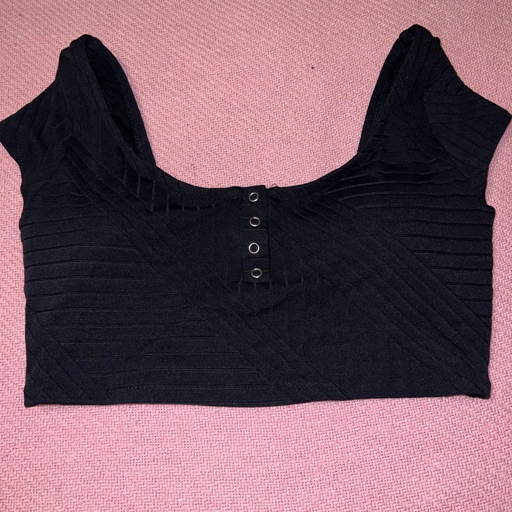 Aerie Black Ribbed Cap Sleeve Henley Bikini Top Large L - Picture 4 of 6